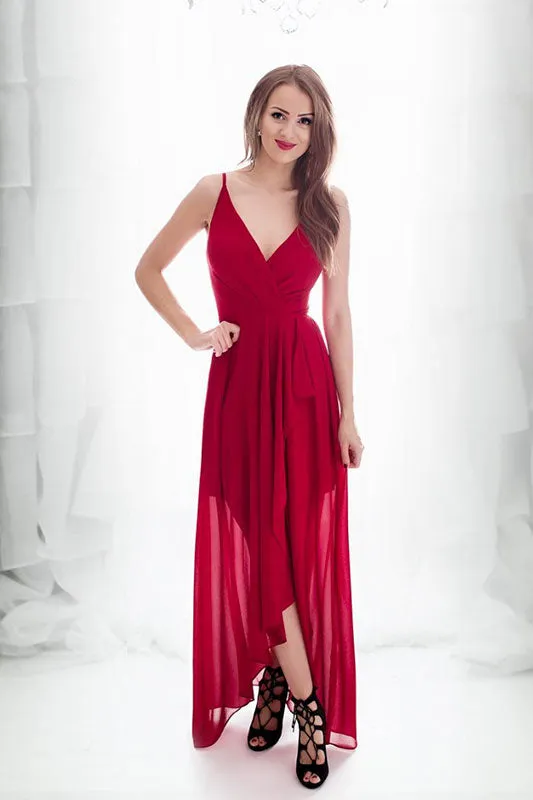 Simple v neck chiffon long prom dress, chiffon evening dress