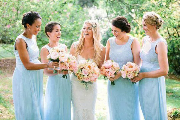Sky Blue Chiffon A-line Round Neck Lace Top Bridesmaid Dresses, MBD245