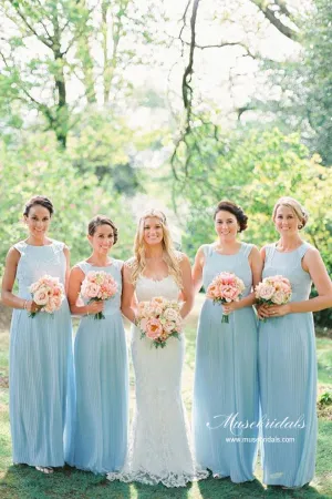 Sky Blue Chiffon A-line Round Neck Lace Top Bridesmaid Dresses, MBD245