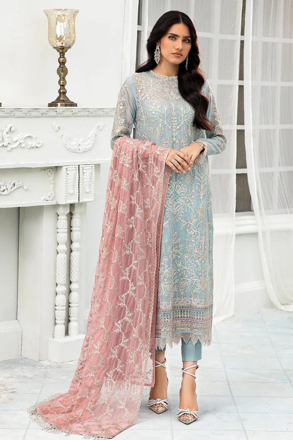 Sky Blue Long Kameez Trousers with Pink Dupatta Party Wear