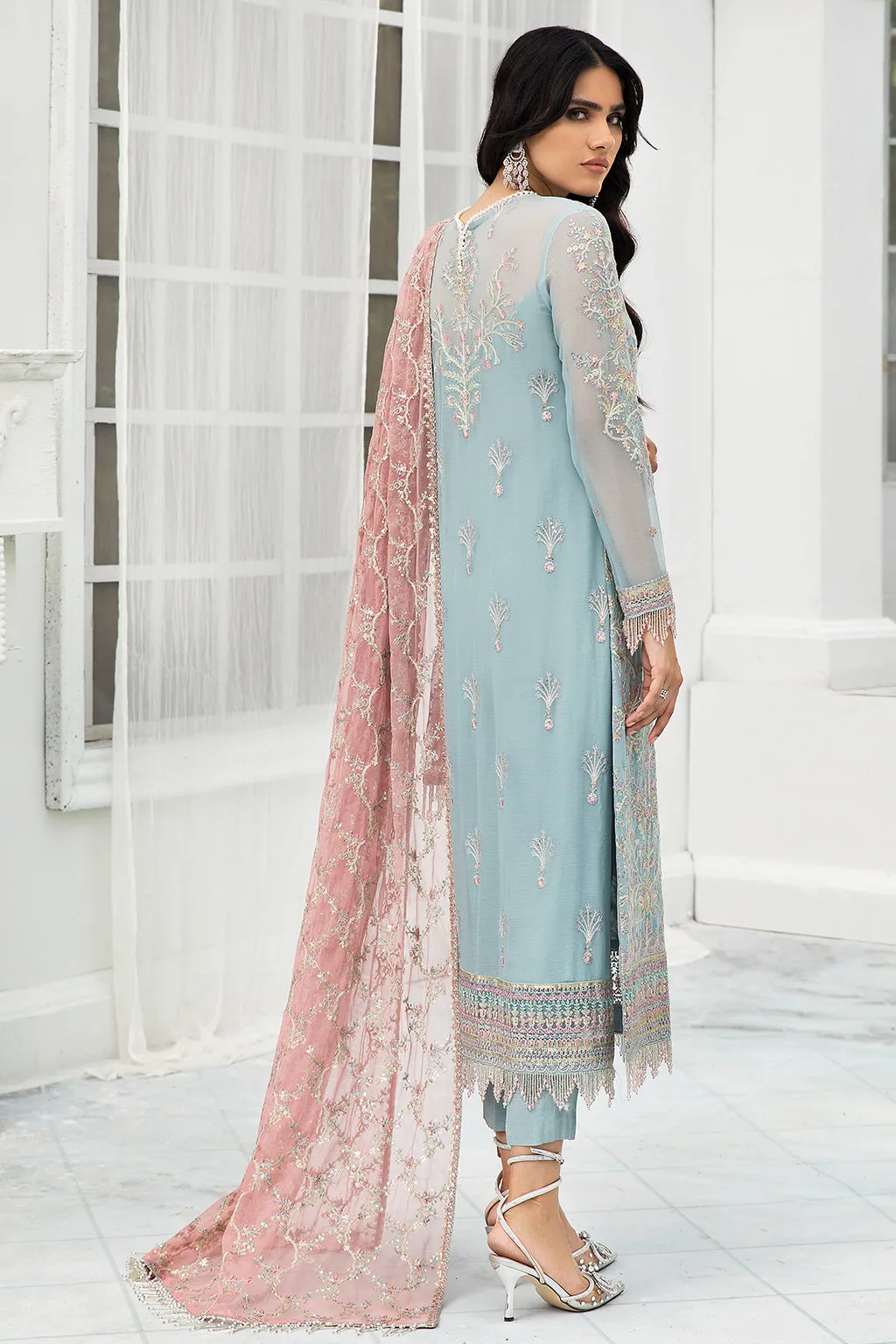 Sky Blue Long Kameez Trousers with Pink Dupatta Party Wear