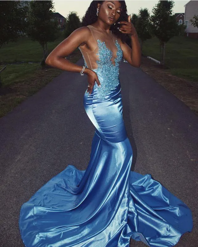 Sky Blue Silk-like Satin Mermaid Lace Appliques Prom Dresses