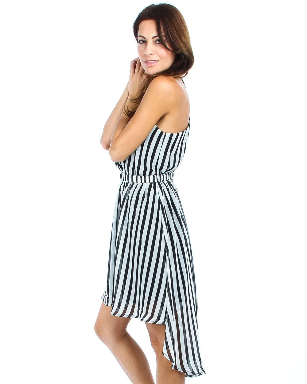 Sleeveless Highlow Striped Midi Dress with Belt Black White