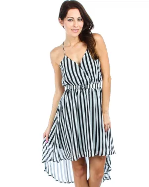 Sleeveless Highlow Striped Midi Dress with Belt Black White