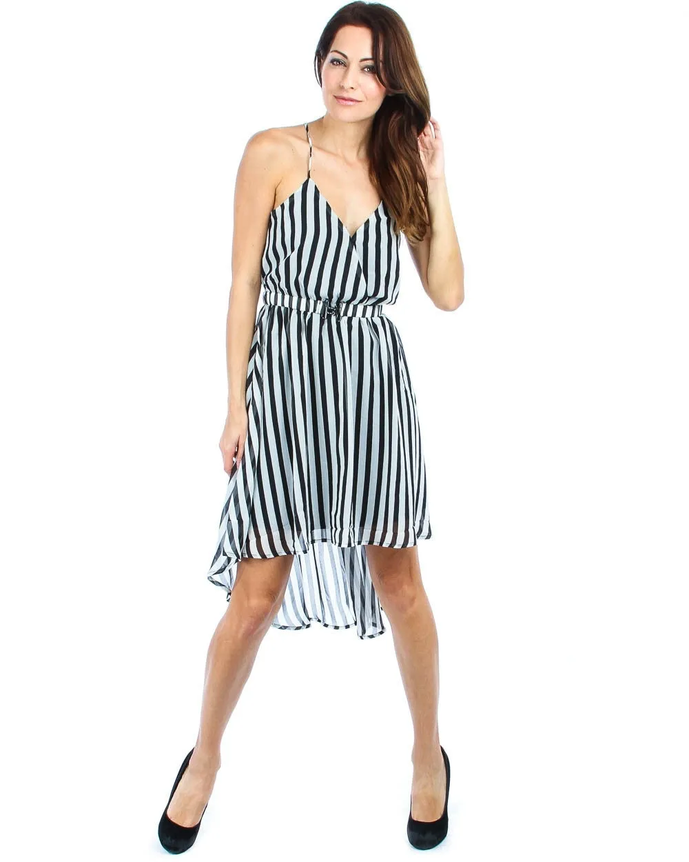 Sleeveless Highlow Striped Midi Dress with Belt Black White