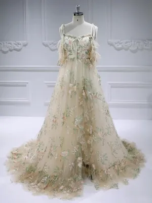 Sleeveless V-Neck Embroidery Lace Prom Gown Photo Shoot Dress with Ruffle Detail YW240010