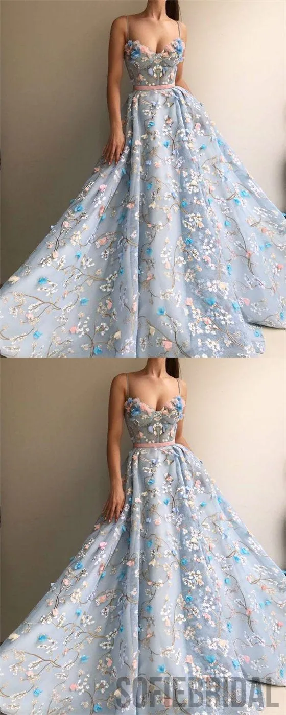 Spaghetti Floral Prom Dresses, Blue Prom Dresses, A-line Prom Dresses, Prom Dresses, PD0677