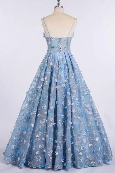 Spaghetti Floral Prom Dresses, Blue Prom Dresses, A-line Prom Dresses, Prom Dresses, PD0677