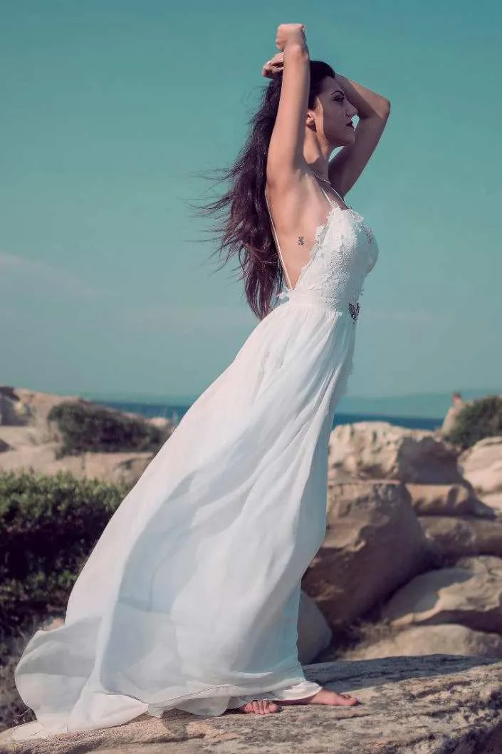 Spaghetti Lace Chiffon Floor-Length Wedding Dress With Appliques-715205