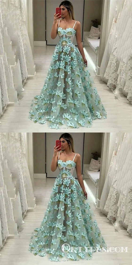 Spaghetti Straps A-Line Long Cheap Mint Prom Dresses with Flowers, TYP1829