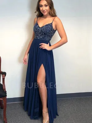 Spaghetti Straps Backless Long Chiffon Evening Prom Dresses With Split, MR7131