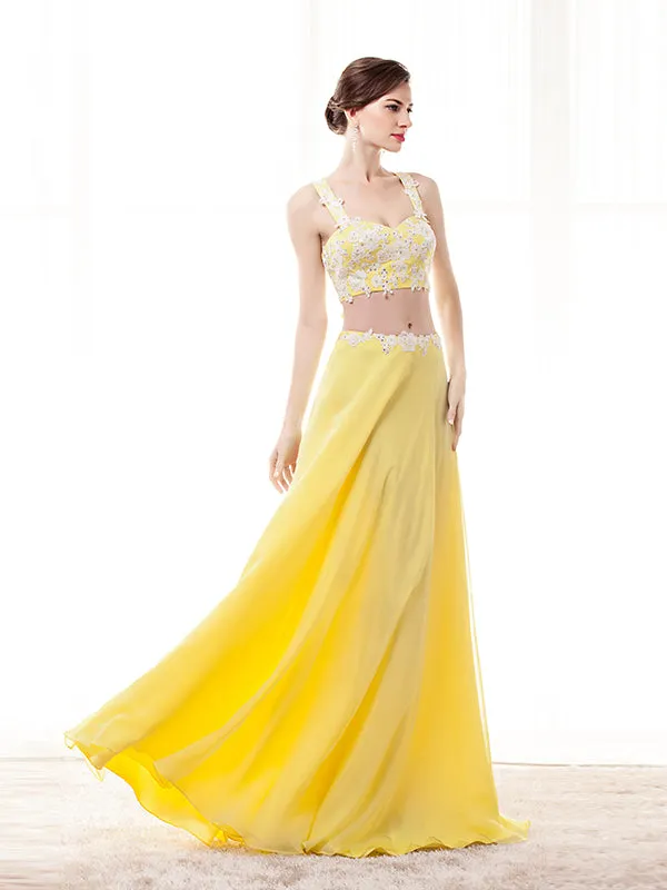 Spaghetti Straps Chiffon Two Piece Prom Dress