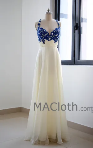 Spaghetti Straps Floor Length Lace Chiffon Royal Blue Prom Dresses MACloth