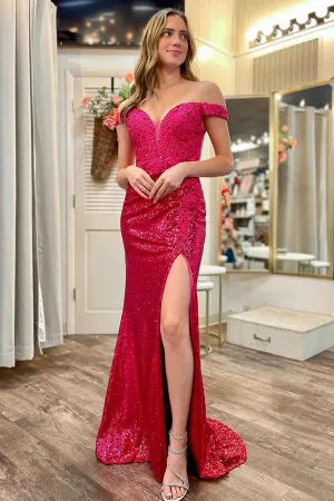 Sparkly Hot Pink Sequins Off The Shoulder Keyhole Back Prom Dresses, MP956