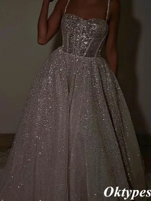 Sparkly Sliver Spaghetti Straps Sweetheart Sequin Floor-Length A-Line Formal Dresses, PDS1057