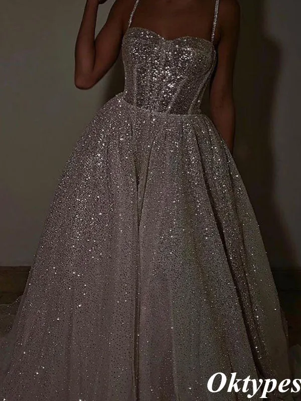 Sparkly Sliver Spaghetti Straps Sweetheart Sequin Floor-Length A-Line Formal Dresses, PDS1057