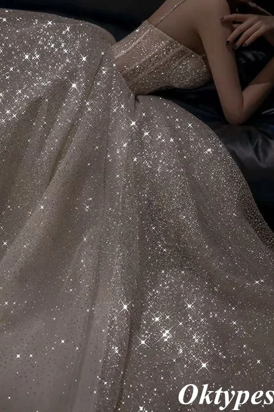 Sparkly Sliver Spaghetti Straps Sweetheart Sequin Floor-Length A-Line Formal Dresses, PDS1057