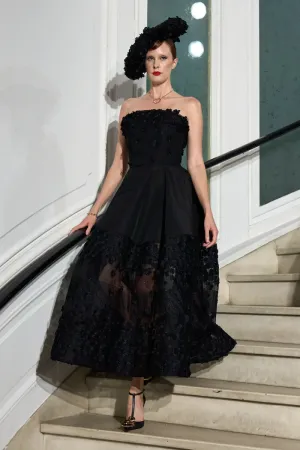 Strapless Petal Appliqué Tea Length Dress