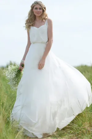Straps Maxi Beaded Chiffon Wedding Dress With Sweep Train And V Back