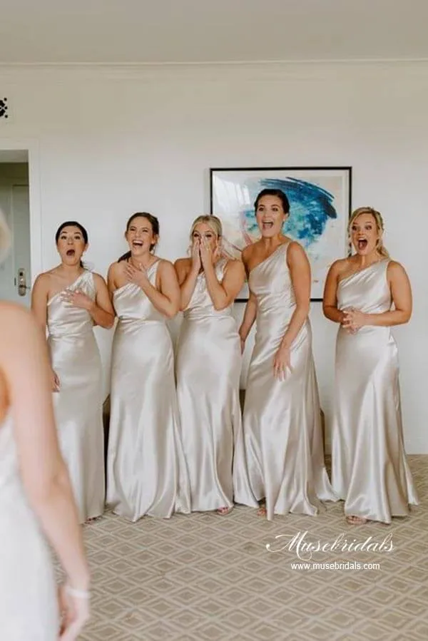 Stretch Satin Sheath One Shoulder Bridesmaid Dresses, Wedding Party Dress, MBD199