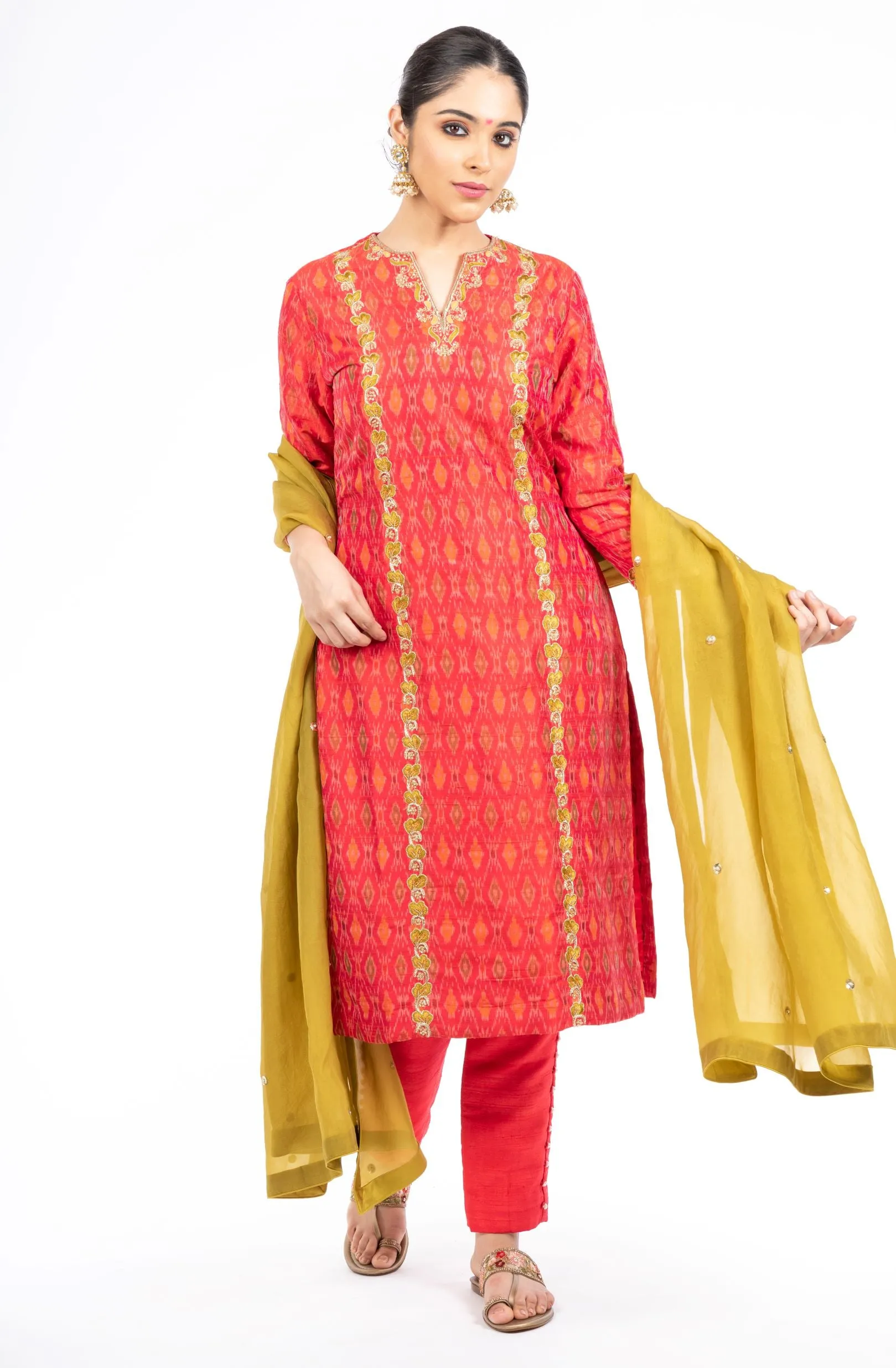 Stunning Red Color Ikkat Raw Silk Salwar Kameez