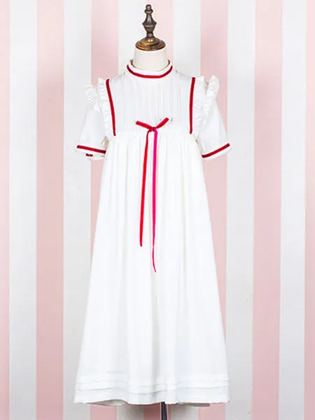 Sweet Lolita OP One Piece Dress Short Sleeve Stand Collar Chiffon White Lolita Dress