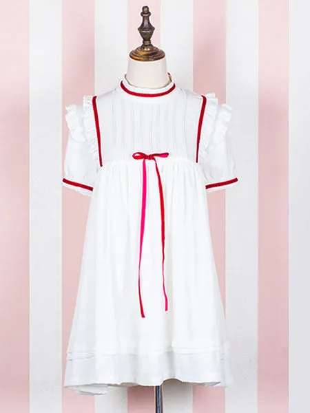 Sweet Lolita OP One Piece Dress Short Sleeve Stand Collar Chiffon White Lolita Dress
