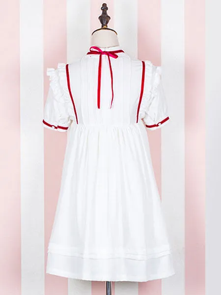 Sweet Lolita OP One Piece Dress Short Sleeve Stand Collar Chiffon White Lolita Dress