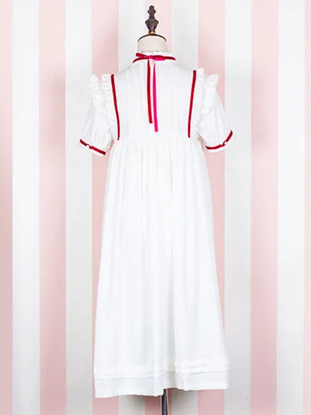 Sweet Lolita OP One Piece Dress Short Sleeve Stand Collar Chiffon White Lolita Dress