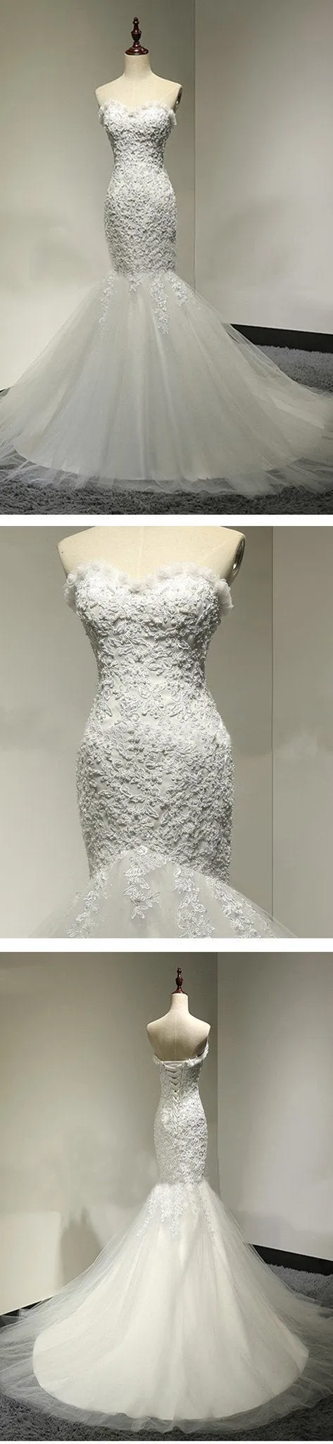 Sweetheart Long Mermaid Cheap Tulle Wedding Dresses with Appliques&Beading, TYP1060
