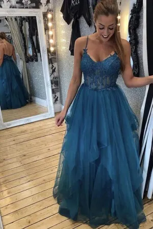 Teal Tulle A-line V-neck Spaghetti Straps Prom Dresses With Lace Appliques, MP714