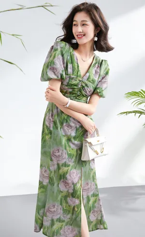 Temperament Senior Sense V-neck Flower Print Puffy Sleeve Dress