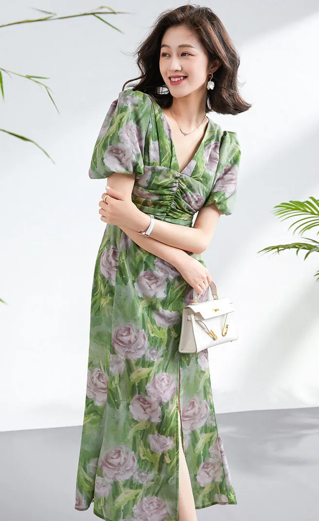 Temperament Senior Sense V-neck Flower Print Puffy Sleeve Dress