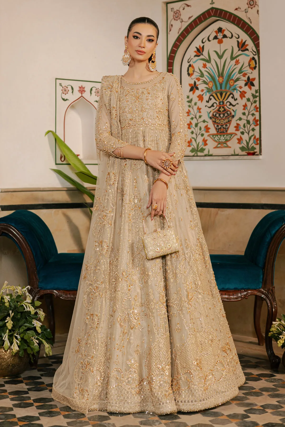 Traditional Champagne Gold Embroidered Pakistani Wedding Dress Pishwas
