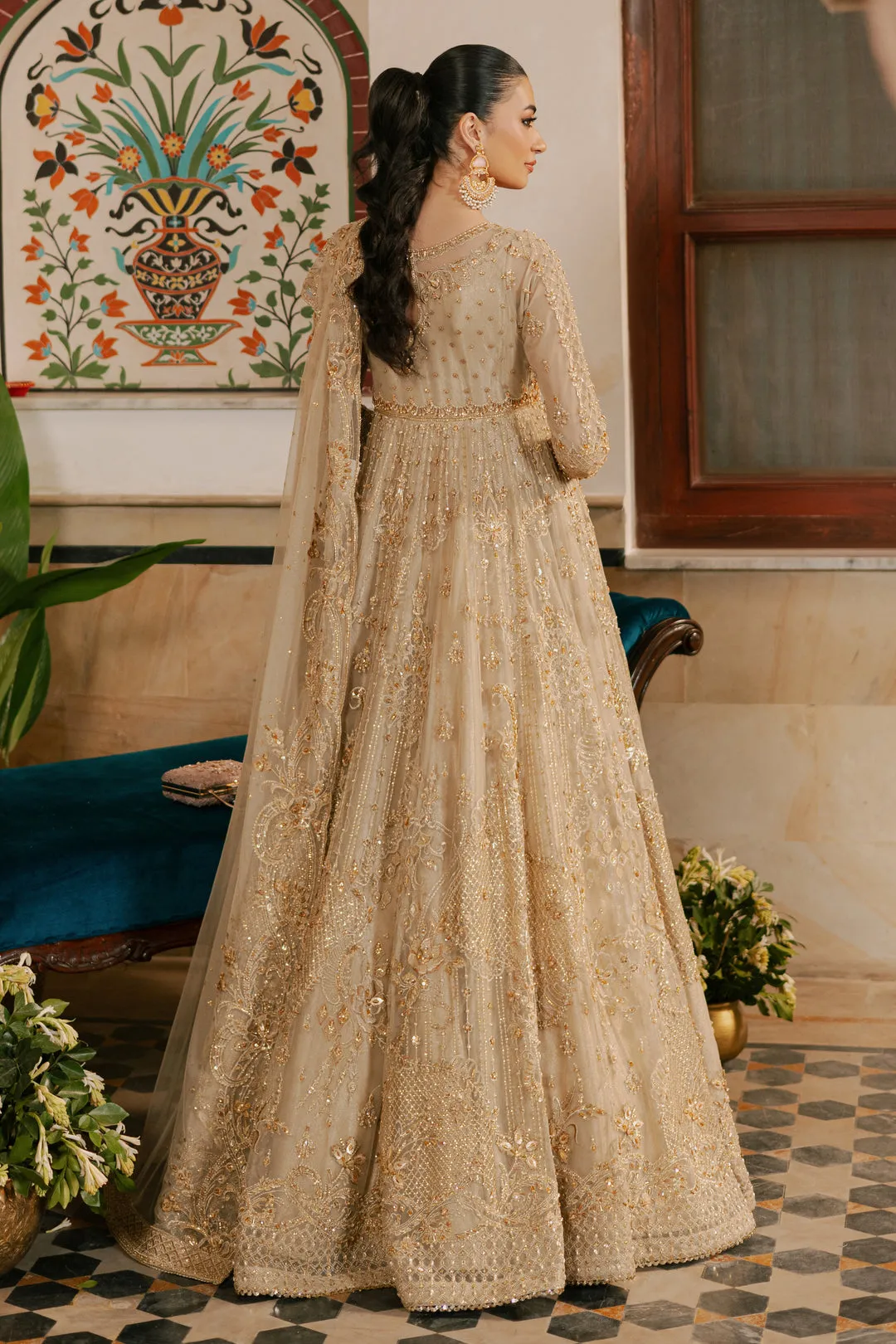 Traditional Champagne Gold Embroidered Pakistani Wedding Dress Pishwas