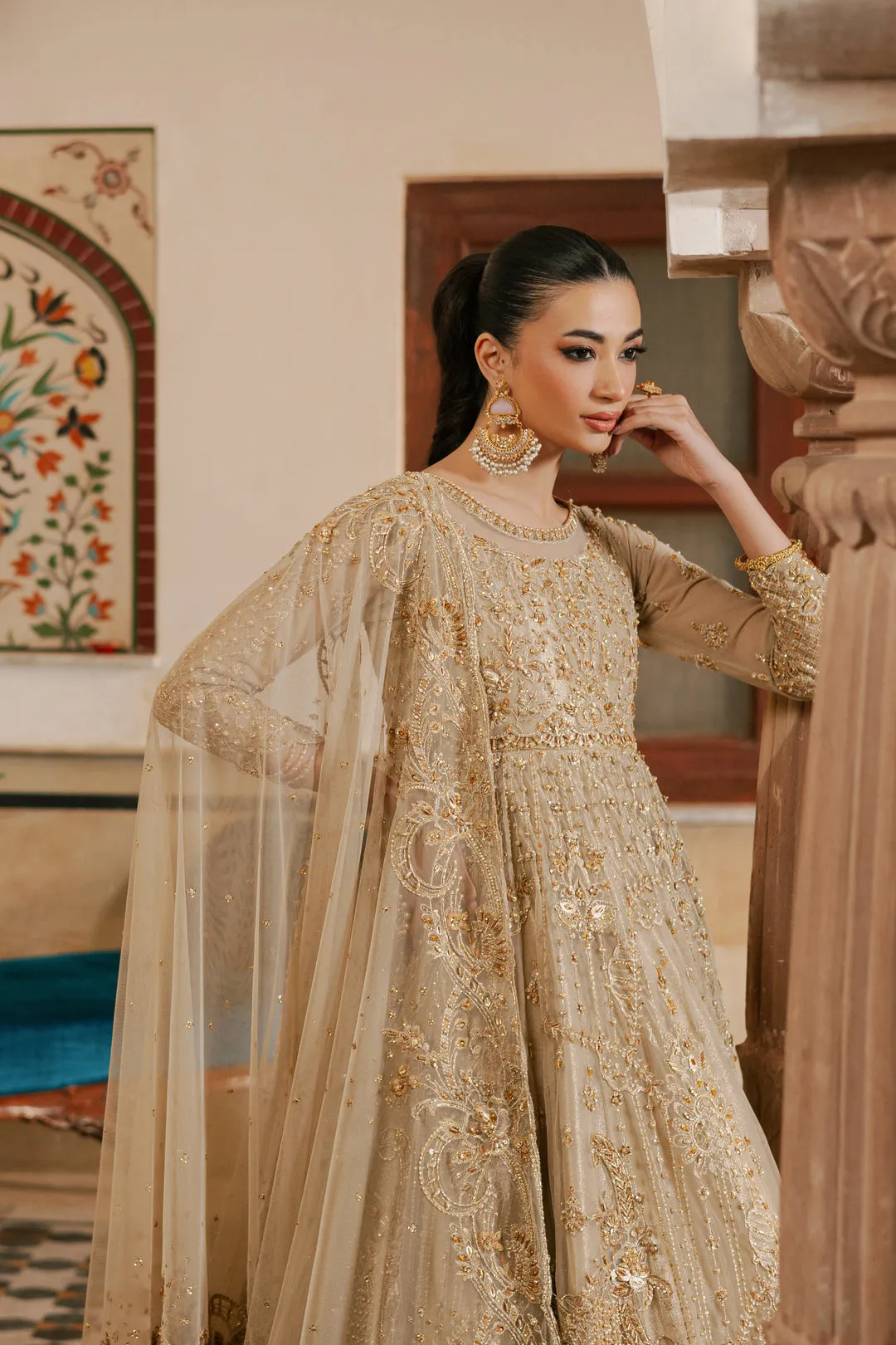 Traditional Champagne Gold Embroidered Pakistani Wedding Dress Pishwas