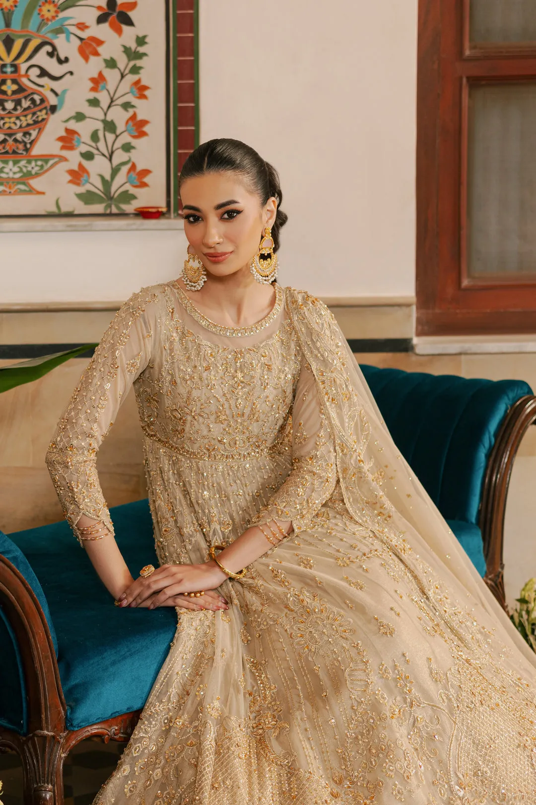 Traditional Champagne Gold Embroidered Pakistani Wedding Dress Pishwas