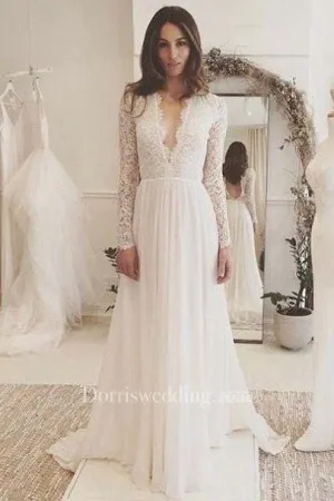 V-neck Long Sleeves Backless Ivory Chiffon Wedding Dress with Lace-715471