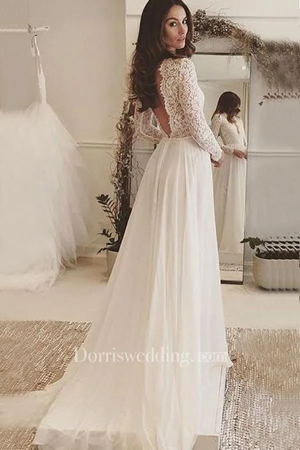 V-neck Long Sleeves Backless Ivory Chiffon Wedding Dress with Lace-715471