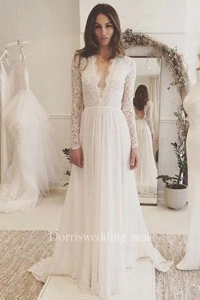 V-neck Long Sleeves Backless Ivory Chiffon Wedding Dress with Lace-715471