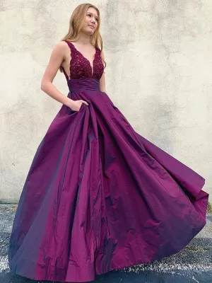 V Neck Open Back Purple Lace Long Prom, Purple Lace Formal Graduation Evening