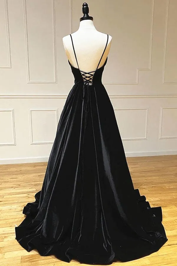 Velvet A-line V-neck Spaghetti Straps Long Prom Dresses, Party Dress, MP871