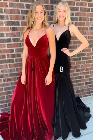 Velvet A-line V-neck Spaghetti Straps Long Prom Dresses, Party Dress, MP871