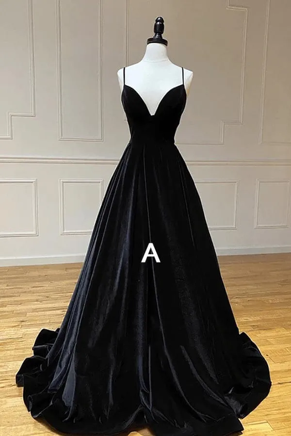 Velvet A-line V-neck Spaghetti Straps Long Prom Dresses, Party Dress, MP871