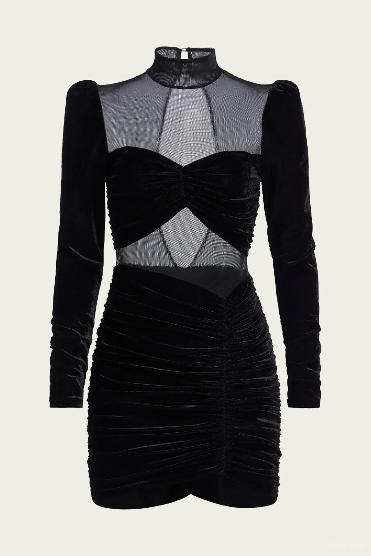 Velvet and Stretch Tulle Mini Dress in Black
