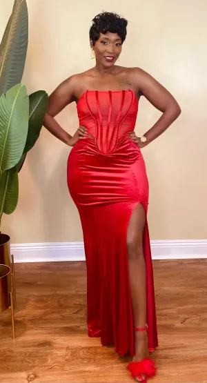 VELVET CORSET MAXI DRESS (RED)