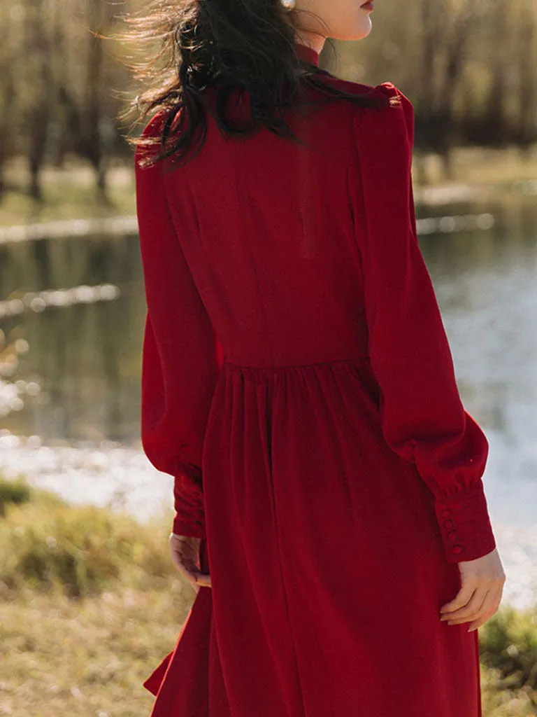 Vinatge Red Handmade Rose Puff Sleeve Swing Velvet Dress