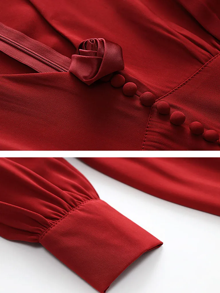Vinatge Red Handmade Rose Puff Sleeve Swing Velvet Dress