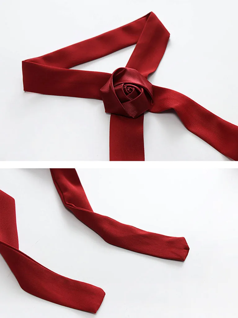 Vinatge Red Handmade Rose Puff Sleeve Swing Velvet Dress