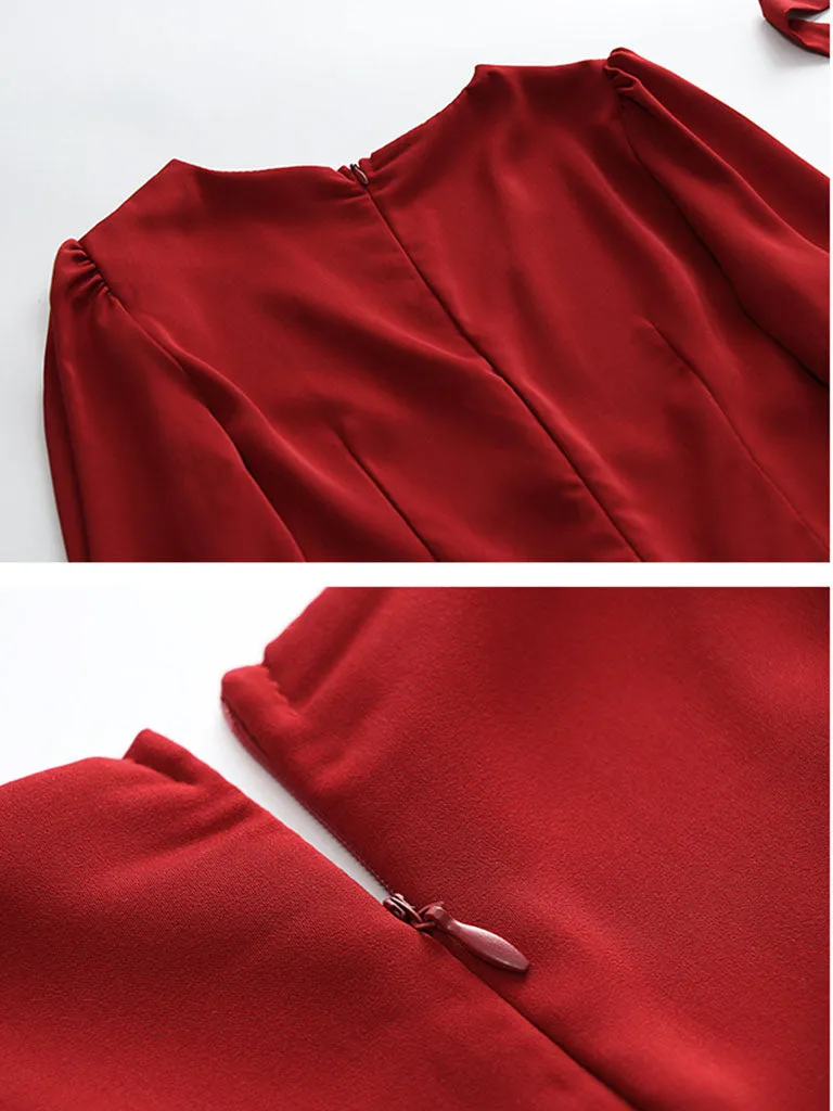 Vinatge Red Handmade Rose Puff Sleeve Swing Velvet Dress